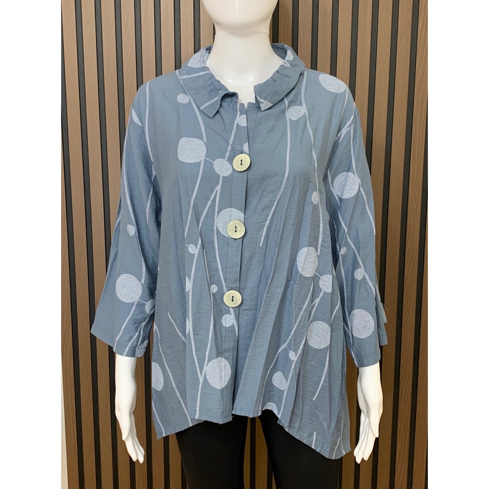 Creation Blue Abstract Print Button Front Tunic Top PXL Rayon Blend Lagenlook